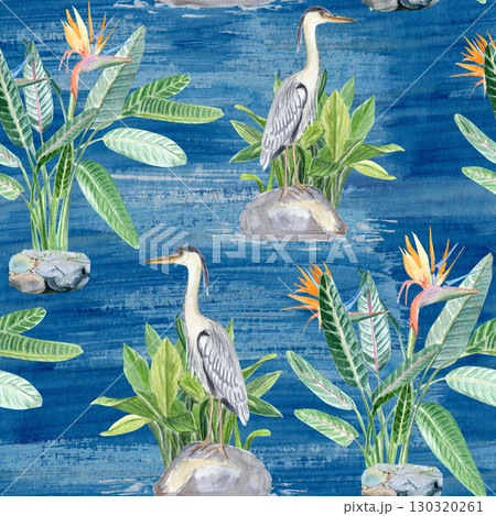 Asian-inspired landscape with herons, tropical plants, stones, water. Watercolor seamless pattern on blue. Perfect for botanical designs, exotic patterns, nature themes, zen-style decorations Asian-inspired landscape with herons, tropical plants, stones, water. Watercolor seamless pattern on blue. Perfect for botanical designs, exotic patterns, nature themes, zen-style decorations 130320261