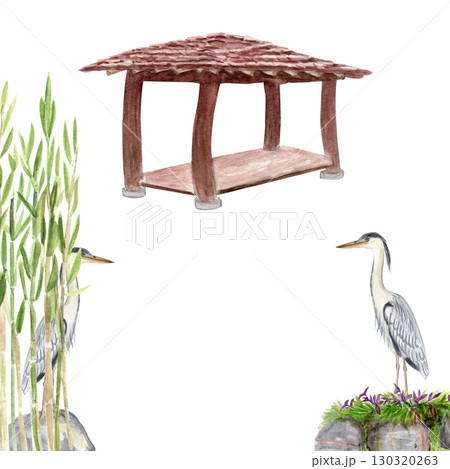 Asian garden card bamboo, wooden pavilion, heron birds. Watercolor zen frame design oriental landscapes, perfect for invitations, wedding stationery, greeting cards, travel themes, meditation concepts 130320263