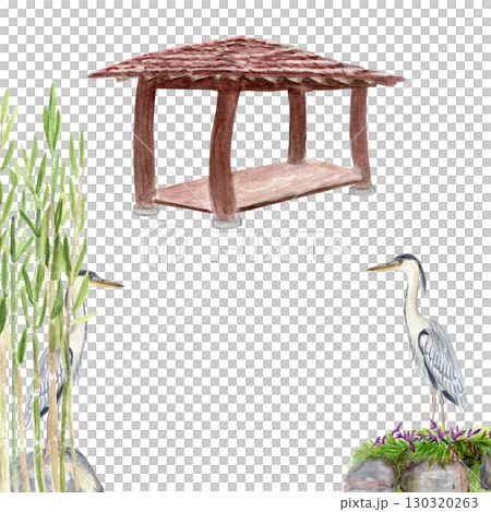 Asian garden card bamboo, wooden pavilion, heron birds. Watercolor zen frame design oriental landscapes, perfect for invitations, wedding stationery, greeting cards, travel themes, meditation concepts 130320263