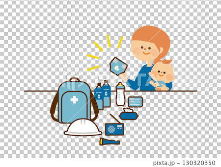 防災：母親和嬰兒思考防災用品的插圖 130320350