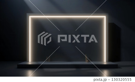 Modern Minimalist Design Featuring Illuminated Rectangular Frame and Dark Background. Modern Minimalist Design Featuring Illuminated Rectangular Frame and Dark Background. 130320555
