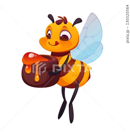 Cartoon honey bee character flying with honey jar in paws, smiling and licking with big eyes and fluttering wings. Cute vector garden insect delivering sweet treat exudes spring charm and friendliness 130320564