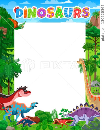 Dinosaurs characters poster. Funny cartoon prehistoric dino animals in jungle forest frame. Vector rectangular border with ancient reptiles, tropical foliage, palm trees and ferns around a blank space 130320565