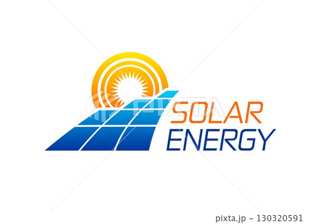 Solar energy icon with orange sun and blue solar panels. Vector emblem symbolizing clean, renewable energy, sustainability, electricity production and modern green, eco friendly technology solution Solar energy icon with orange sun and blue solar panels. Vector emblem symbolizing clean, renewable energy, sustainability, electricity production and modern green, eco friendly technology solution 130320591