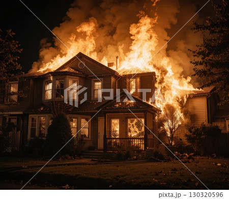 Residential House Engulfed in Flames During a Significant Fire Incident. 130320596