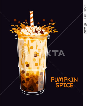 Cartoon milk bubble tea glass and bright splash of pumpkin flavor, vector dessert drink. Milk bubble tea cup with drinking straw and splash of pumpkin cream with cinnamon flavor for drinks menu 130320598