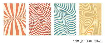 Psychedelic retro groovy pattern, swirl backgrounds vector set. Vintage abstract posters with optical illusion effect, featuring wavy, checkered and hypnotic distortion in orange, yellow, blue and red 130320625