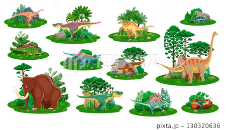 Prehistoric dinosaurs and cartoon dino lizard characters of Jurassic era and Ice Age, vector toys. Kids paleontology collection of prehistoric funny dinosaur lizards, mammoth and extinct animals 130320636