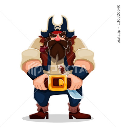 Cartoon pirate and corsair captain character. Isolated vector serious sea rover personage with bushy beard, stands confidently in vintage clothes with blue pants, brown vest gold buckle and cocked hat 130320640