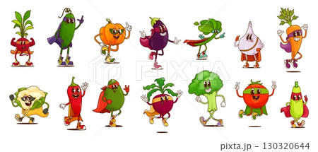 Groovy superhero vegetable characters. Cartoon radish, cucumber, pumpkin and eggplant, spinach or garlic. Carrot, cauliflower, chili pepper or avocado, beetroot, broccoli, tomato or zucchini defenders Groovy superhero vegetable characters. Cartoon radish, cucumber, pumpkin and eggplant, spinach or garlic. Carrot, cauliflower, chili pepper or avocado, beetroot, broccoli, tomato or zucchini defenders 130320644