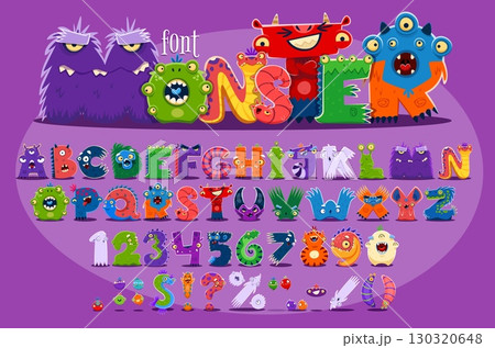 Funny monster characters font, fantasy alien typeface, cute and crazy type, Halloween english alphabet letters and numbers vector typography. Cartoon cute aliens, yeti, troll and slime monsters font 130320648