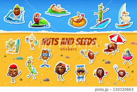 Cartoon nuts and legumes character stickers. Vector seeds enjoying beach activities like surfing, swimming and sunbathing. Patches with healthy food personages express fun and summer vacation vibes 130320663