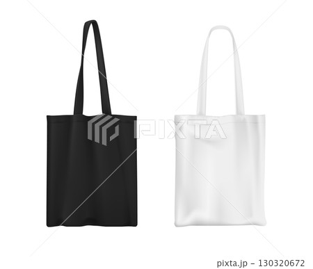 Tote bag realistic mockup. 3d vector templates of two plain tote bags, one black and one white, for branding, print design presentation, eco friendly product promotions and reusable bag advertisements 130320672