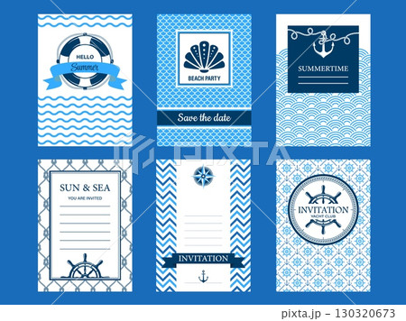 Marine nautical invites. Vector set of invitation templates featuring maritime symbols, patterns and text. Save the date and invitation layouts for summer parties, beach events, yacht club gatherings Marine nautical invites. Vector set of invitation templates featuring maritime symbols, patterns and text. Save the date and invitation layouts for summer parties, beach events, yacht club gatherings 130320673