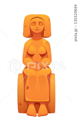 Cartoon Egypt statue of an ancient seated woman with simplified features and warm sandstone tones. Isolated vector icon asset, vintage Egyptian goddess for historical, archaeological, mythology games 130320684