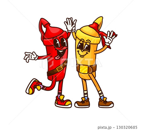 Cartoon groovy ketchup and mustard squeeze sauce bottles, fast food pirate and corsair characters waving hands. Vector retro condiment containers with funky y2k vibe, culinary and kitchen personages Cartoon groovy ketchup and mustard squeeze sauce bottles, fast food pirate and corsair characters waving hands. Vector retro condiment containers with funky y2k vibe, culinary and kitchen personages 130320685