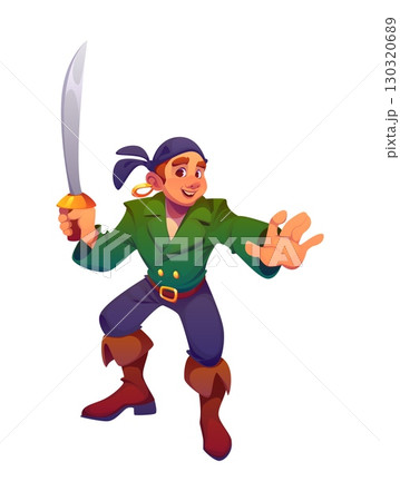 Cartoon medieval pirate and corsair boy character in dynamic pose wielding a curved sword and smiling confidently. Vector rover adventurer personage dressed in green coat and bandana hunting treasure 130320689