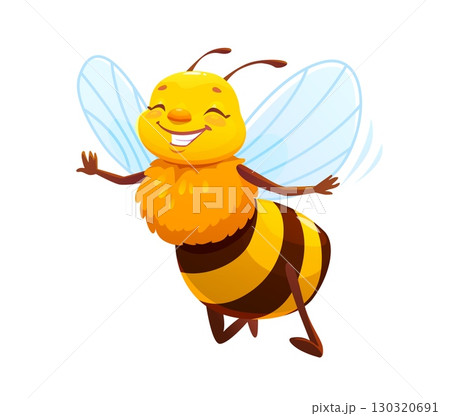 Cartoon honey bee character flying and smiling with raised arms, joyful face and transparent wings. Isolated cute vector cheerful and joyful insect with happy expression exudes spring fun in garden 130320691