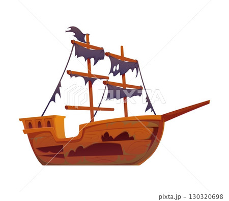Cartoon haunted pirate ship with tattered black sails, wooden planks and ghostly cutouts, evoking a spooky, abandoned maritime vibe. Vector corsair boat for Halloween, fantasy or adventure game assets Cartoon haunted pirate ship with tattered black sails, wooden planks and ghostly cutouts, evoking a spooky, abandoned maritime vibe. Vector corsair boat for Halloween, fantasy or adventure game assets 130320698