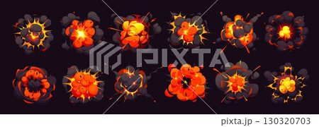 Comic bomb explosion blast effect with cartoon fire and smoke boom clouds, vector set. TNT bomb explodes with smoke cloud mushroom of atomic bomb blast with puffs for cartoon dynamite explosion effect 130320703