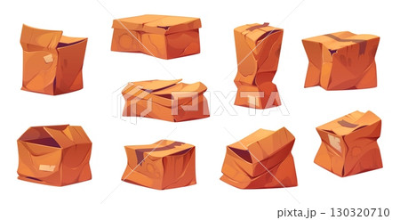 Damaged, crumpled and broken delivery cardboard box package, crushed and ripped cargo parcel. Vector set of crashed freight, spoiled parcels showing logistics challenges and postal shipping issues 130320710