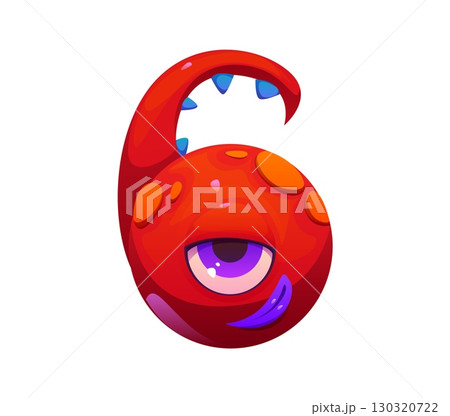 Spooky monster character font digit 6 six. Bizarre bugaboo monster character mathematics typeface figure, bogle personage cartoon vector kids ABC type numeral symbol. Strange creature math font number 130320722