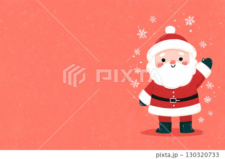 Cheerful Santa Claus illustration waving with snowflakes on a festive pink background, perfect for holiday-themed designs and Christmas celebrations 130320733