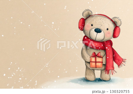 Cute bear wearing red headphones and scarf, holding a gift box, surrounded by falling snowflakes in a festive Christmas illustration 130320755