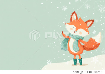 Cute fox character wearing a scarf and boots, joyfully standing in a snowy landscape with falling snowflakes, perfect for Christmas-themed designs 130320756