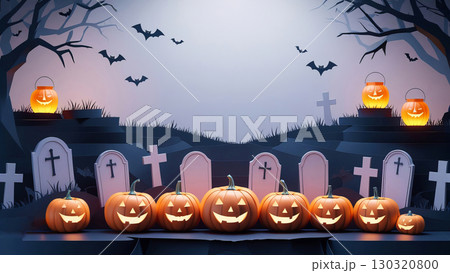 A spooky Halloween scene featuring a row of glowing jack-o'-lanterns with cheerful expressions, placed on a dark, eerie landscape. 130320800