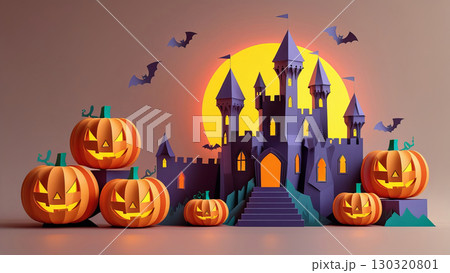 A Origami style Halloween scene featuring a vibrant purple castle with pointed towers, set against a glowing yellow full moon 130320801
