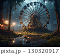 夜の闇の中の灯りの灯る森の中に埋もれた廃墟の遊園地　ai生成画像 130320917