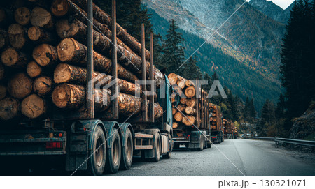 Logging truck with large cut tree logs driving on mountain road with forest and rocky hills in background 130321071