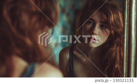 Young woman looking mirror with thoughtful expression, natural light highlighting her red hair and freckles, indoor portrait with soft focus 130321133