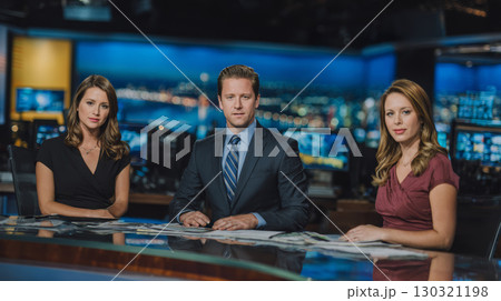 News anchor team sitting at desk in television studio with cityscape background at night News anchor team sitting at desk in television studio with cityscape background at night 130321198