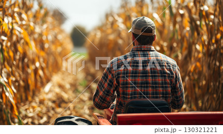 Farmer wearing plaid shirt and cap rides tractor through golden cornfield during harvest season, capturing peaceful rural moment 130321221