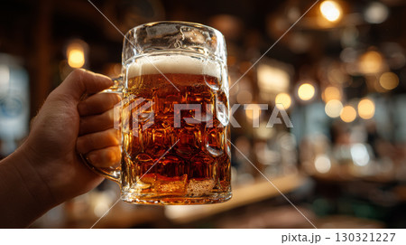Hand holding large glass mug filled with amber beer with foam on top in warmly lit bar setting with blurred background lights 130321227
