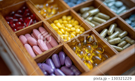Multicolored vitamin capsules and tablets organized in wooden box, showcasing health supplements with vibrant and orderly appearance 130321229