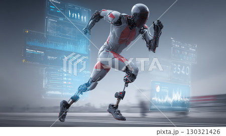 Futuristic robot running on track with digital data displays around, showing speed and performance metrics in dynamic scene 130321426