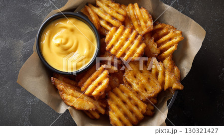 Waffle fries with creamy cheese sauce served in basket on dark surface, crispy golden snack perfect for sharing 130321427