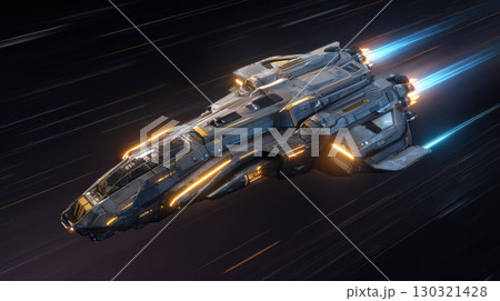 Futuristic spaceship flying at high speed with glowing blue thrusters and illuminated panels in dark space environment 130321428