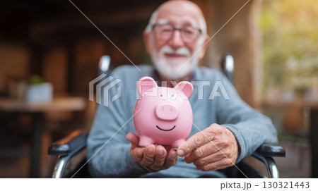 Elderly man holding pink piggy bank with happy expression, symbolizing savings and financial security in cozy indoor setting 130321443