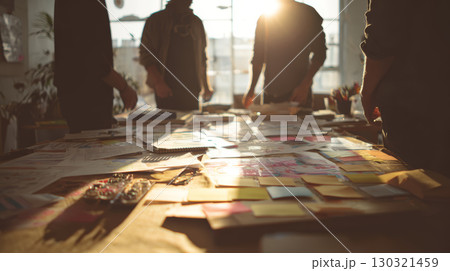 Brainstorming session with people standing around table covered with papers and sticky notes in warm sunlight 130321459