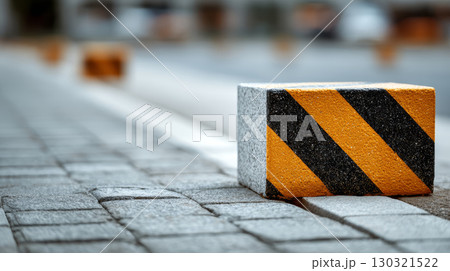 Warning barrier block with black and yellow hazard stripes on textured stone pavement in urban setting Warning barrier block with black and yellow hazard stripes on textured stone pavement in urban setting 130321522