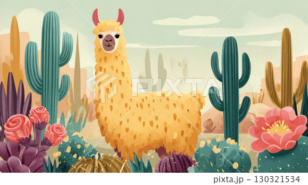 Whimsical desert scene with friendly llama surrounded by colorful cactus and blooming flowers under soft sky clouds Whimsical desert scene with friendly llama surrounded by colorful cactus and blooming flowers under soft sky clouds 130321534
