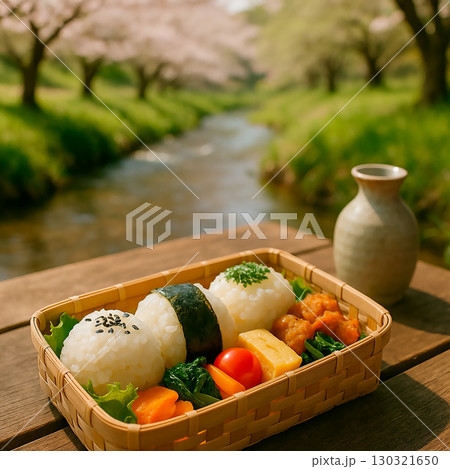 春の川辺で楽しむおにぎり弁当 130321650