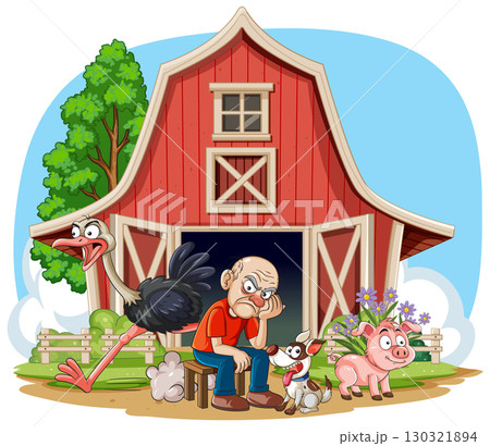 Grumpy Farmer Sitting Outside Red Barn With Animals 130321894