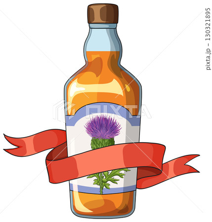 Whiskey Bottle with Thistle Label and Red Ribbon 130321895