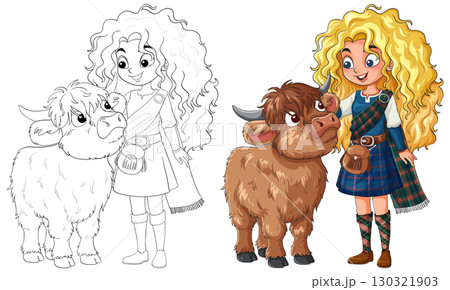Curly-Haired Girl in Tartan with Highland Cow 130321903