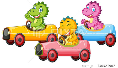 Cartoon Dinosaurs Racing Colorful Cars in Vector Illustration Cartoon Dinosaurs Racing Colorful Cars in Vector Illustration 130321907